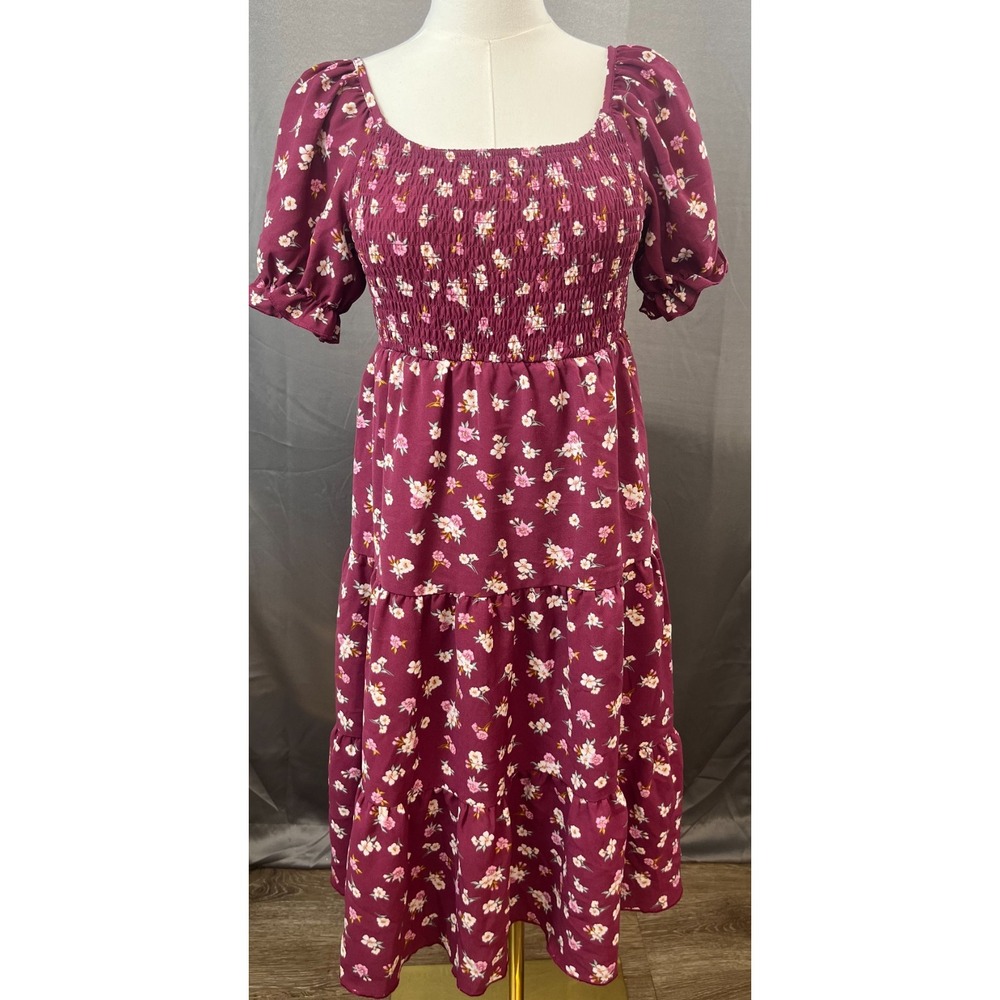Lilt Cottagecore Floral Smocked Puff Sleeve Tiered Midi Dress Red Size 12